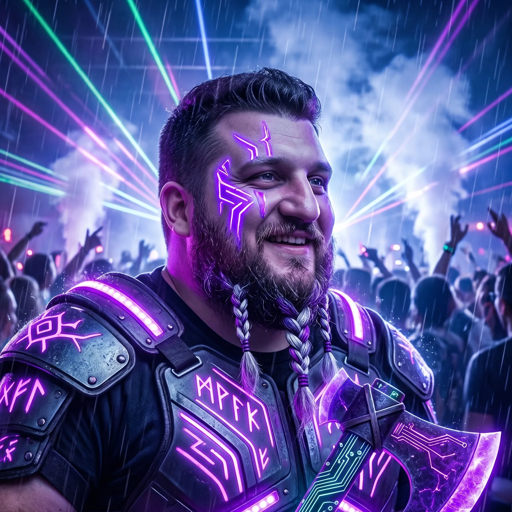 Loïc Tosser, viking warrior portrait, dark armor with glowing purple runes